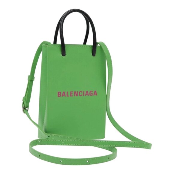 BALENCIAGA Phone Case Shoulder Bag Leather Green Silver 593826 Auth 91748AV - Picture 1 of 15